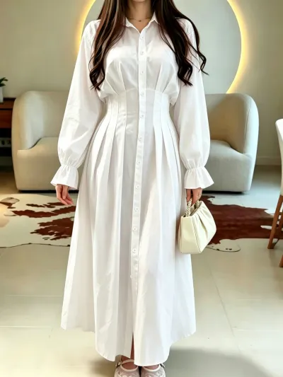 Women Casual Solid Color Long Sleeve Lapel Single Breasted Office Maxi Dress