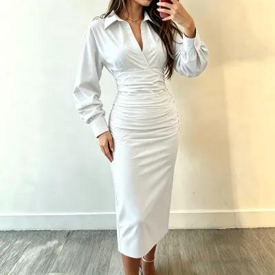 Women Casual Temperament Solid Color Long Sleeve Waist Office Midi Dress