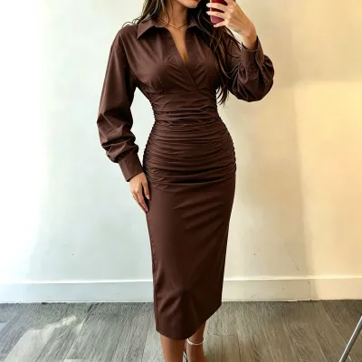 Women Casual Temperament Solid Color Long Sleeve Waist Office Midi Dress