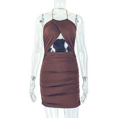 Women Sexy Solid Color Hollow Neck Mini Dress