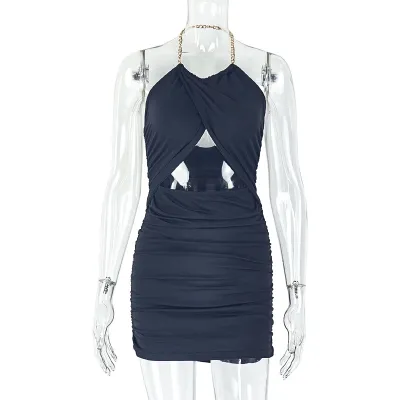 Women Sexy Solid Color Hollow Neck Mini Dress