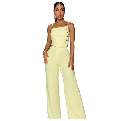 Women Fashion Solid Color Sling Top And Straight Leg Pants Two-Piece Set