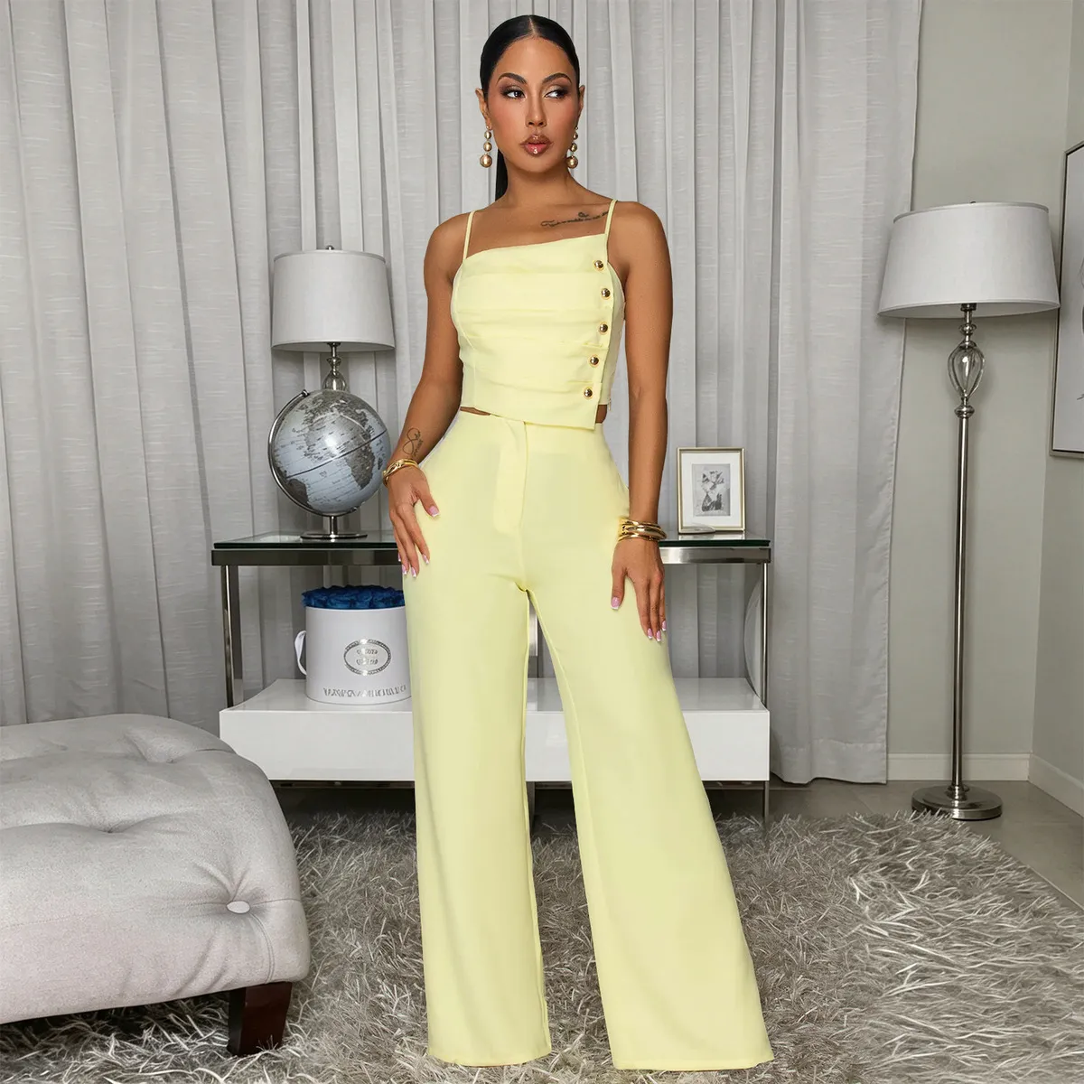 Women Fashion Solid Color Sling Top And Straight Leg Pants Two-Piece Set