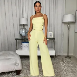 Women Fashion Solid Color Sling Top And Straight Leg Pants Two-Piece Set