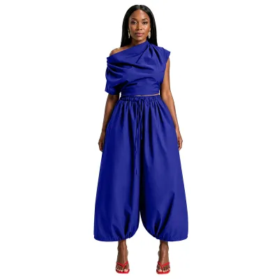 Women Fashion Casual Plus Size Solid Color Single Sleeve Crop Top Wide Leg Pants Two-Piece Set