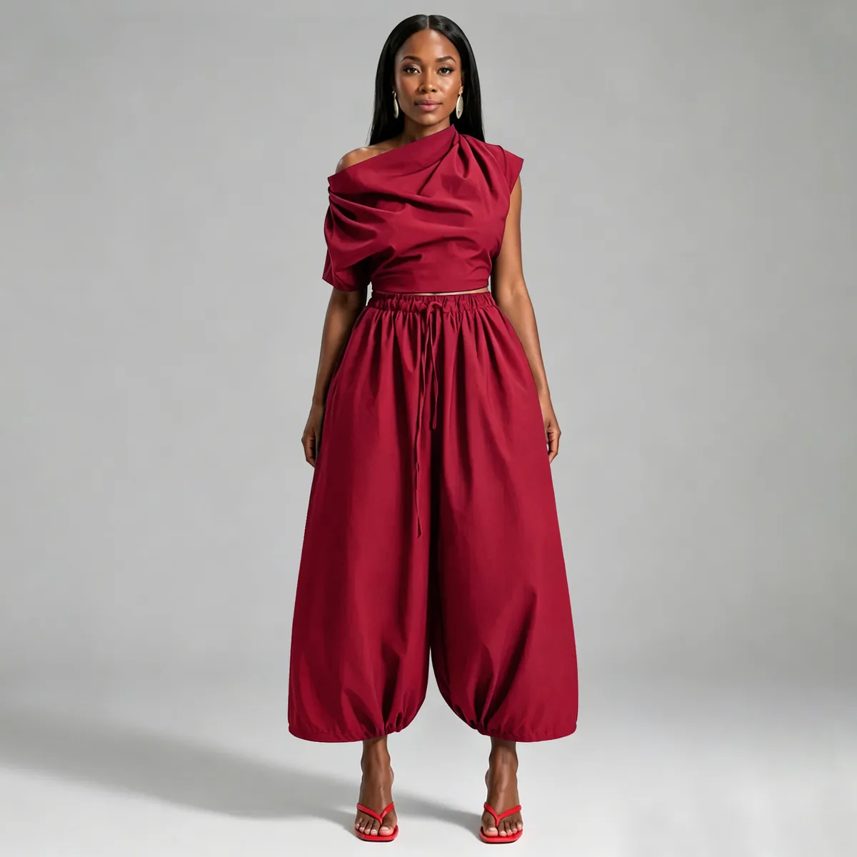 Women Fashion Casual Plus Size Solid Color Single Sleeve Crop Top Wide Leg Pants Two-Piece Set