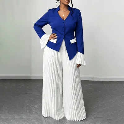 Women Fashion Casual Autumn Plus Size Stitching Horn Cuff Long-Sleeve Coat Pleated Loose Pants Two-Piece Set