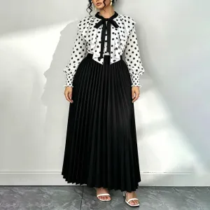Women Fashion Casual Elegant Plus Size Polka Dot Print Ruffled Long-Sleeve Blouse Pleated Maxi Skirt Two-Piece Set