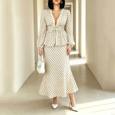 Women Fashion Elegant Plus Size Polka Dot Print V-Neck Lace Stitching Long-Sleeve Blouse Maxi Skirt Two-Piece Set