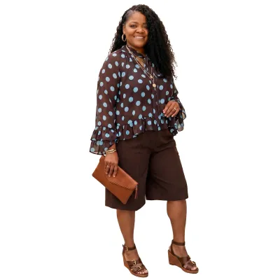 Women Fashion Casual Polka Dot Print Long Sleeve Lace-Up Blouse Loose Shorts Two-Piece Set