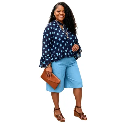 Women Fashion Casual Polka Dot Print Long Sleeve Lace-Up Blouse Loose Shorts Two-Piece Set