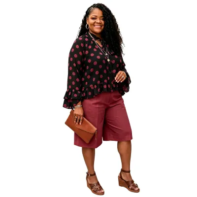 Women Fashion Casual Polka Dot Print Long Sleeve Lace-Up Blouse Loose Shorts Two-Piece Set