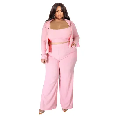 Women Fashion Casual Plus Size Solid Color High Elastic Camisole Long-Sleeve Hoodies Pants Three-Piece Set