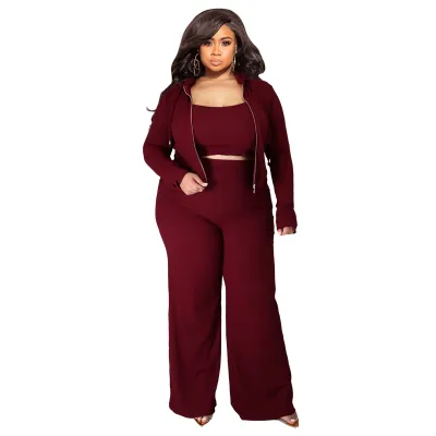 Women Fashion Casual Plus Size Solid Color High Elastic Camisole Long-Sleeve Hoodies Pants Three-Piece Set