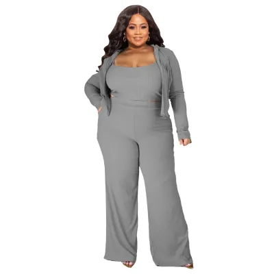 Women Fashion Casual Plus Size Solid Color High Elastic Camisole Long-Sleeve Hoodies Pants Three-Piece Set