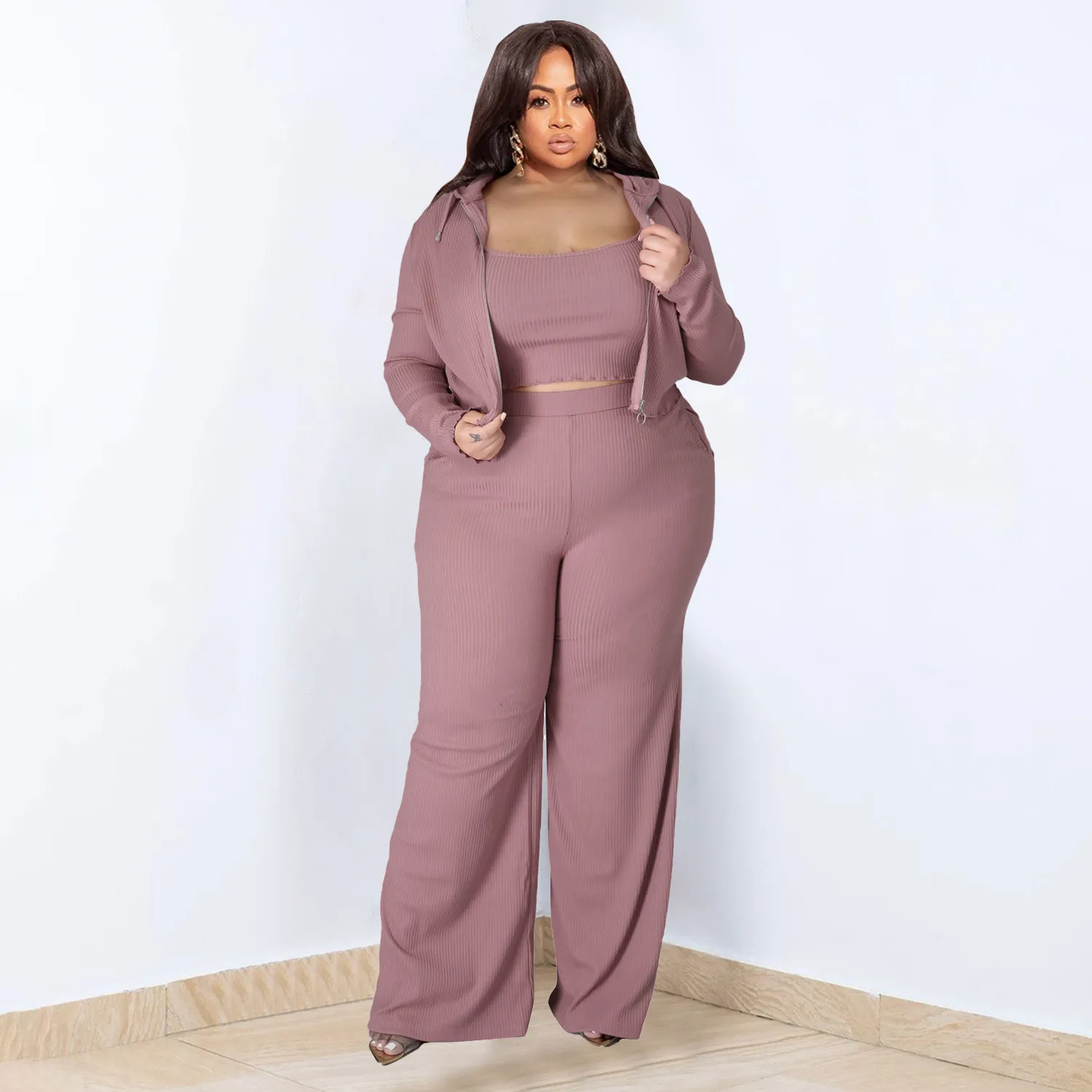 Women Fashion Casual Plus Size Solid Color High Elastic Camisole Long-Sleeve Hoodies Pants Three-Piece Set
