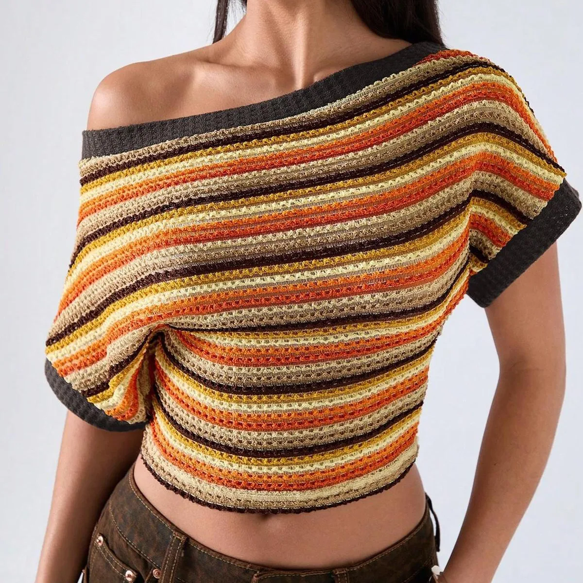 Women Fashion Casual Stripe Contrast Color Slant Shoulder Bat Sleeve Crop Top