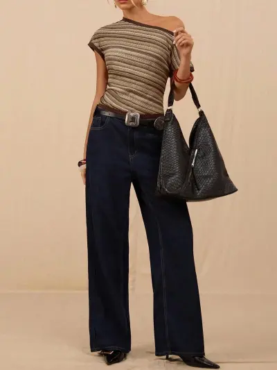 Women Fashion Retro Stripe Contrast Color Short-Sleeve Slant Shoulder Collar Crop Top