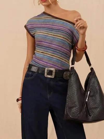 Women Fashion Retro Stripe Contrast Color Short-Sleeve Slant Shoulder Collar Crop Top