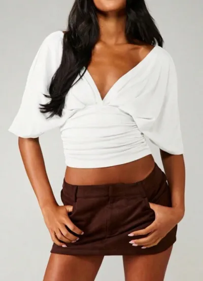 Women Fashion Sexy Solid Color V-Neck Bat Sleeve Waist Crop Top