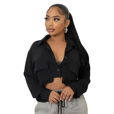 Women Fashion Solid Color Lapel Long Sleeve Button Crop Top