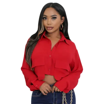 Women Fashion Solid Color Lapel Long Sleeve Button Crop Top