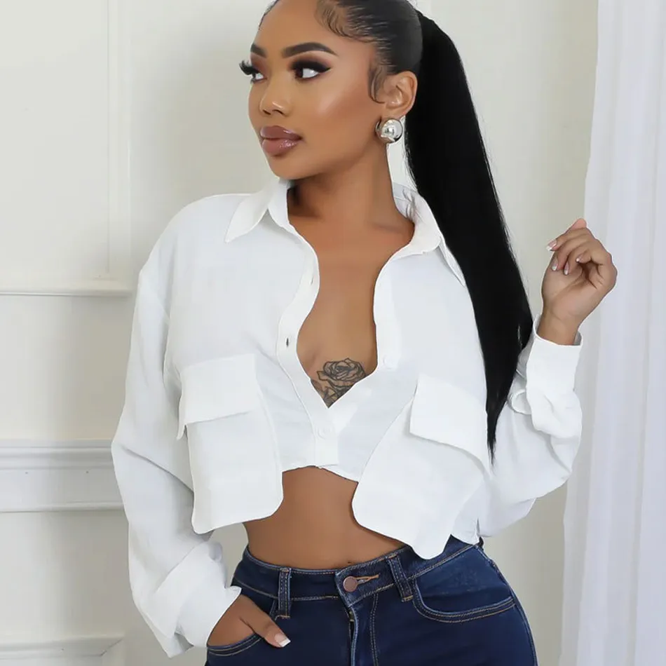 Women Fashion Solid Color Lapel Long Sleeve Button Crop Top