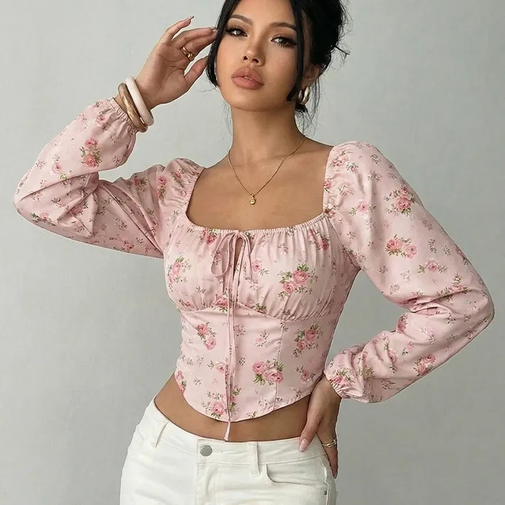 Women Fashion Elegant Flower Printed Long Sleeve Zipper Crop Top