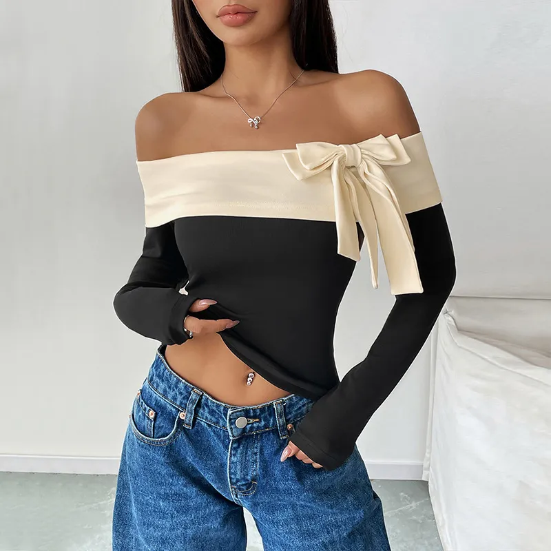Women Fashion Sexy Off-Shoulder Collar Bow Long-Sleeve Crop Top