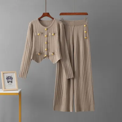 Women Fashion Casual Autumn And Winter Solid Color Long-Sleeve Button Sweater Straight Pants Knitted Two-Piece Set
