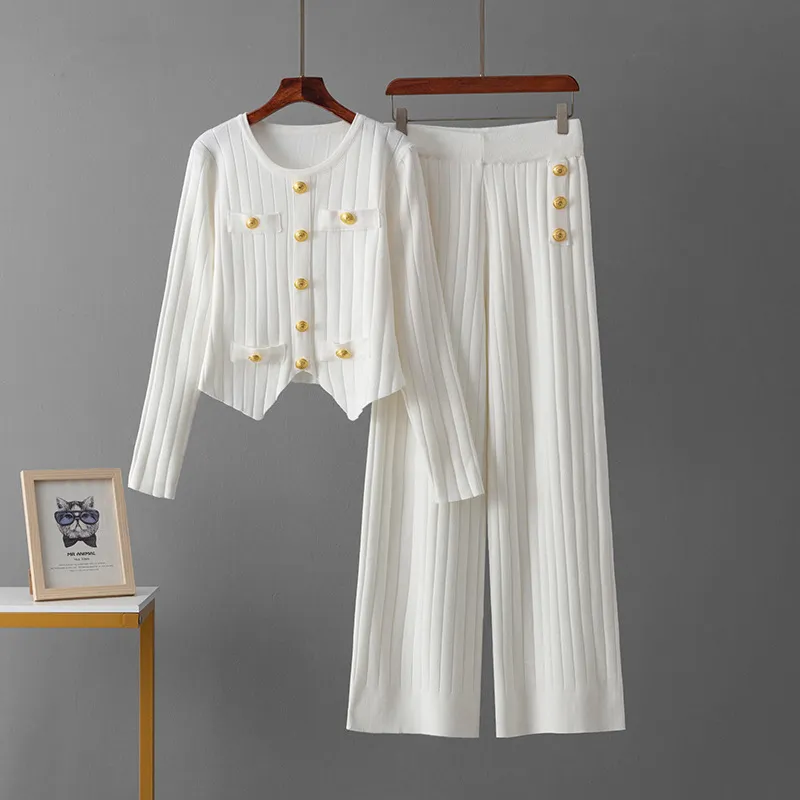 Women Fashion Casual Autumn And Winter Solid Color Long-Sleeve Button Sweater Straight Pants Knitted Two-Piece Set