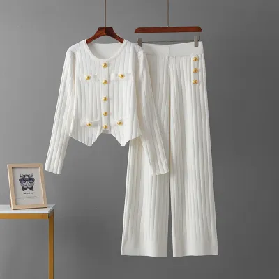 Women Fashion Casual Autumn And Winter Solid Color Long-Sleeve Button Sweater Straight Pants Knitted Two-Piece Set