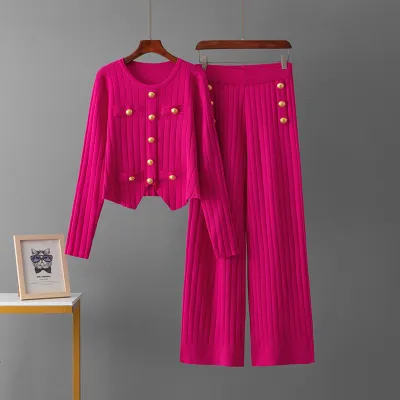 Women Fashion Casual Autumn And Winter Solid Color Long-Sleeve Button Sweater Straight Pants Knitted Two-Piece Set
