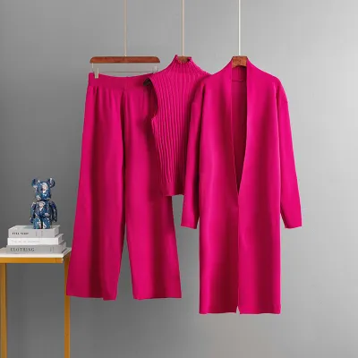 Women Fashion Casual Autumn And Winter Solid Color Sleeveless Vest Long-Sleeve Cardigan Loose Pants Knitted Three-Piece Set