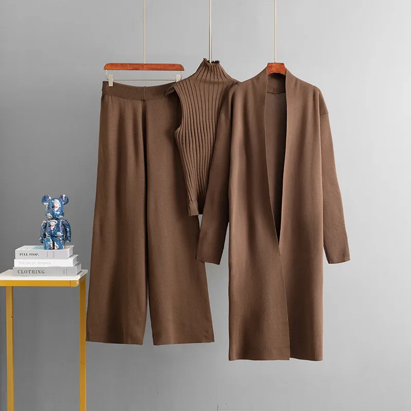 Women Fashion Casual Autumn And Winter Solid Color Sleeveless Vest Long-Sleeve Cardigan Loose Pants Knitted Three-Piece Set