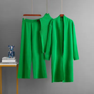 Women Fashion Casual Autumn And Winter Solid Color Sleeveless Vest Long-Sleeve Cardigan Loose Pants Knitted Three-Piece Set