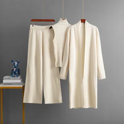 Women Fashion Casual Autumn And Winter Solid Color Sleeveless Vest Long-Sleeve Cardigan Loose Pants Knitted Three-Piece Set