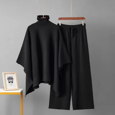 Women Fashion Casual Autumn And Winter Solid Color Turtleneck Long-Sleeve Shawl Coat Wide Leg Pants Knitted Two-Piece Set