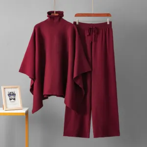 Women Fashion Casual Autumn And Winter Solid Color Turtleneck Long-Sleeve Shawl Coat Wide Leg Pants Knitted Two-Piece Set