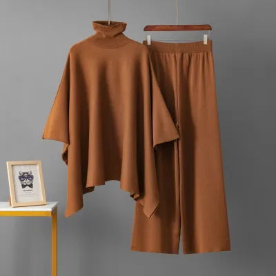 Women Fashion Casual Autumn And Winter Solid Color Turtleneck Long-Sleeve Shawl Coat Wide Leg Pants Knitted Two-Piece Set
