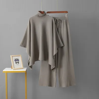 Women Fashion Casual Autumn And Winter Solid Color Turtleneck Long-Sleeve Shawl Coat Wide Leg Pants Knitted Two-Piece Set