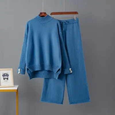 Women Fashion Casual Autumn Winter Solid Color Long-Sleeve Sweater Wide Leg Pants Knitted Two-Piece Set