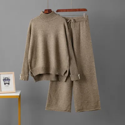 Women Fashion Casual Autumn Winter Solid Color Long-Sleeve Sweater Wide Leg Pants Knitted Two-Piece Set