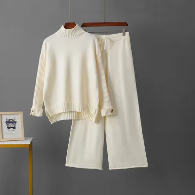 Women Fashion Casual Autumn Winter Solid Color Long-Sleeve Sweater Wide Leg Pants Knitted Two-Piece Set