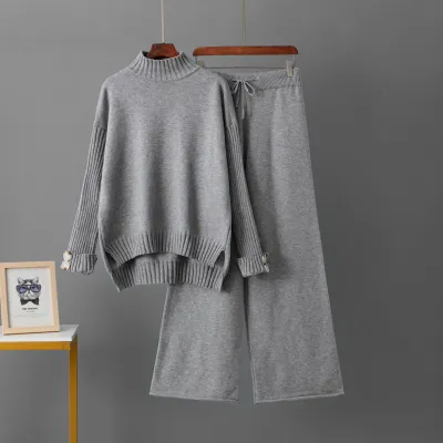 Women Fashion Casual Autumn Winter Solid Color Long-Sleeve Sweater Wide Leg Pants Knitted Two-Piece Set
