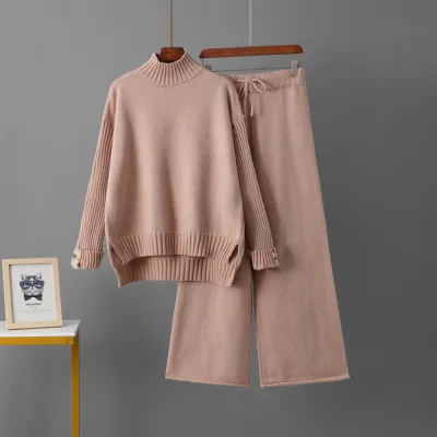 Women Fashion Casual Autumn Winter Solid Color Long-Sleeve Sweater Wide Leg Pants Knitted Two-Piece Set