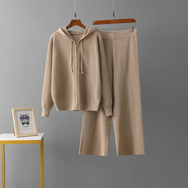 Women Fashion Casual Autumn Winter Solid Color Long-Sleeve Zipper Hoodies Loose Pants Knitted Two-Piece Set