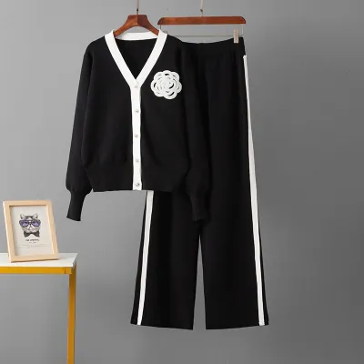 Women Fashion Casual Autumn Winter V-Neck Long-Sleeve Coat Wide-Leg Pants Knitted Two-Piece Set
