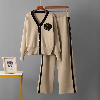 Women Fashion Casual Autumn Winter V-Neck Long-Sleeve Coat Wide-Leg Pants Knitted Two-Piece Set
