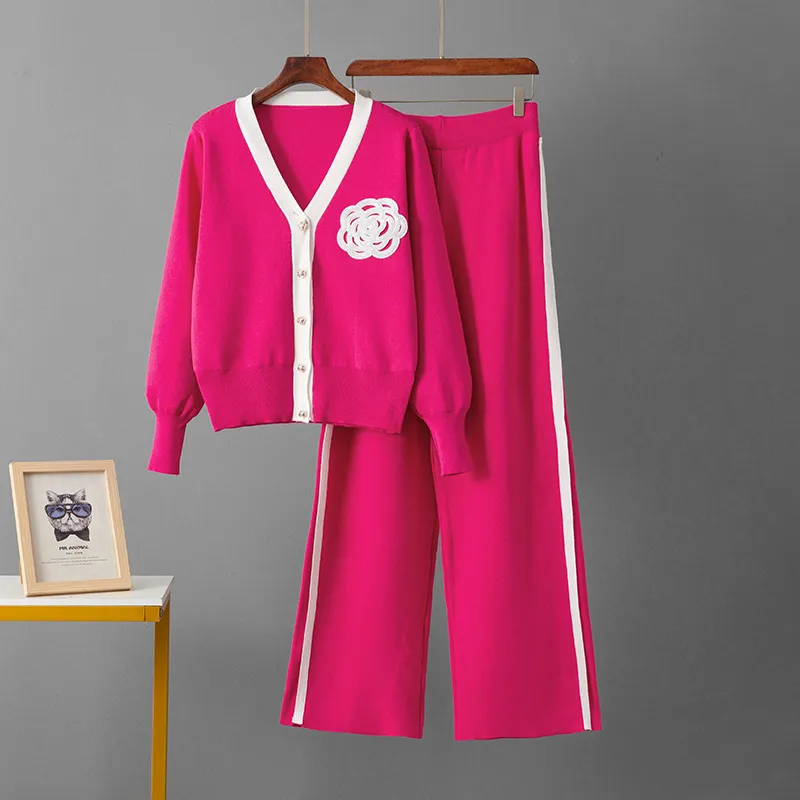 Women Fashion Casual Autumn Winter V-Neck Long-Sleeve Coat Wide-Leg Pants Knitted Two-Piece Set